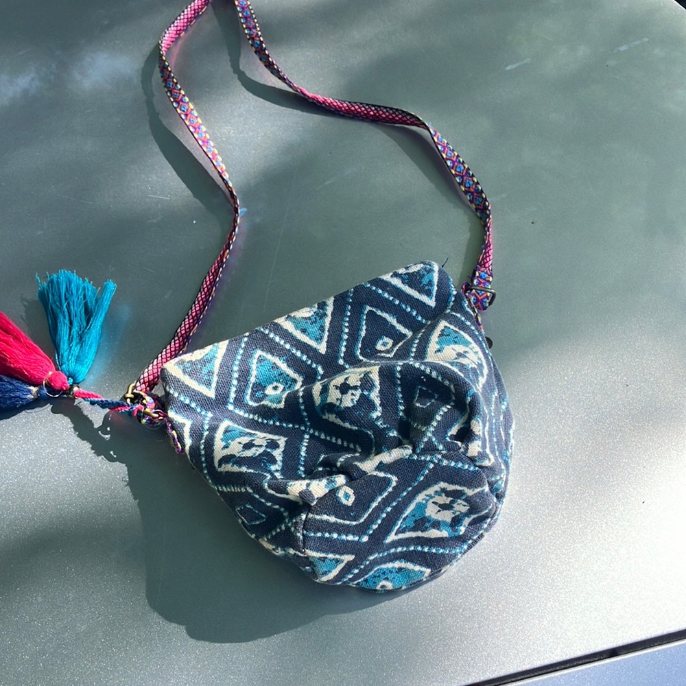 Vibrant Blue and Pink Crossbody Bag with Embroidered Band